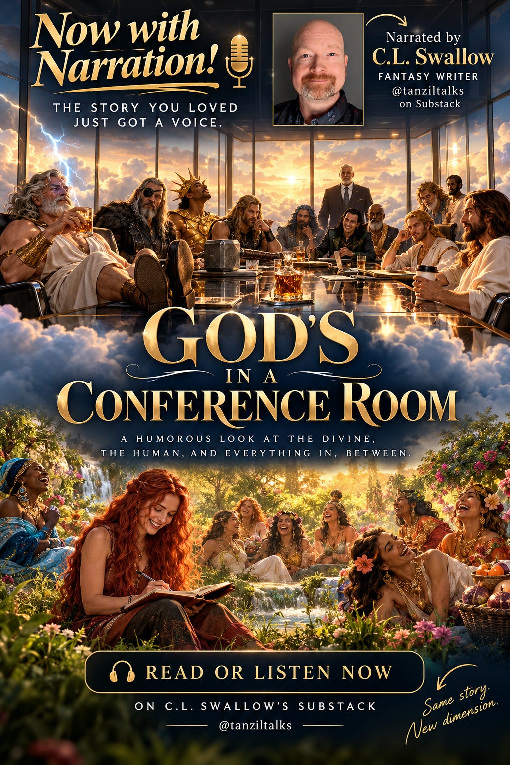 Promotional poster showing gods around a boardroom table and goddesses in a garden