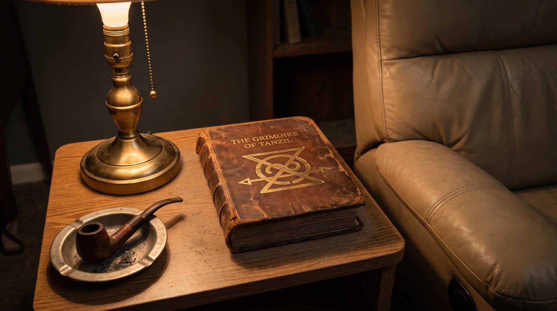 The Grimoire of Tanzil beside a warm brass lamp